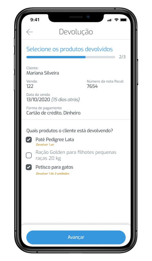 Mockup de celular com tela que permite selecionar os produtos devolvidos