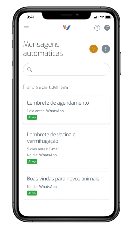 Celular aberto na tela de mensagens automáticas, mostrando as mensagens ativas na empresa
