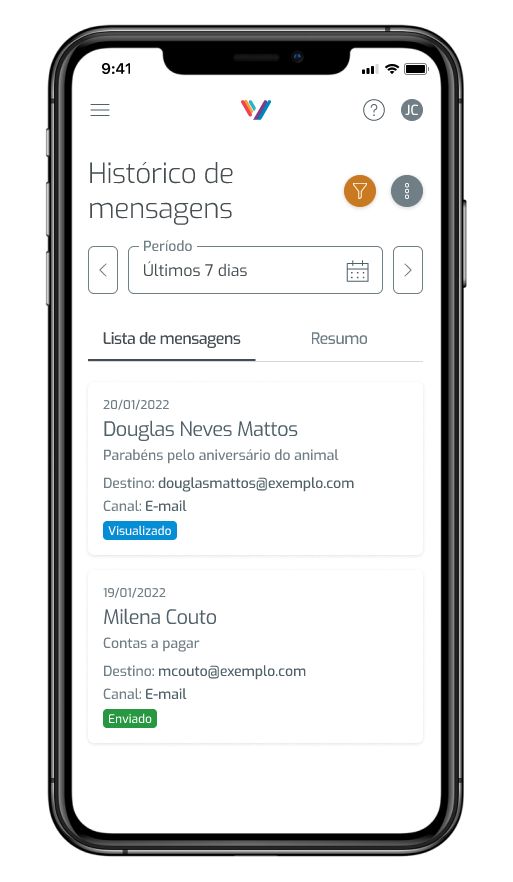 Celular aberto na tela de mensagens automáticas, mostrando o histórico de mensagens