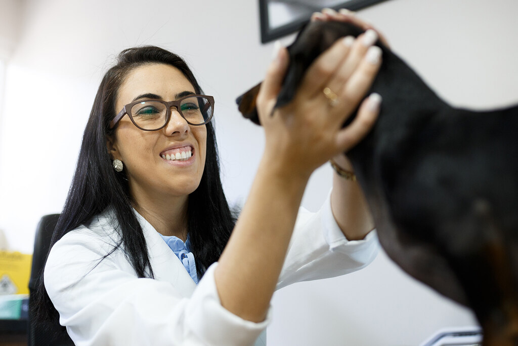 Veterinária atendendo pet e conversando para fazer perguntas para entrevistar um veterinário